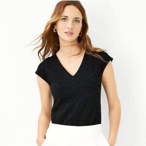 Ann Taylor Leopard Flocked Velour Top Womens M Black Cap Sleeve Goth Rock Chic